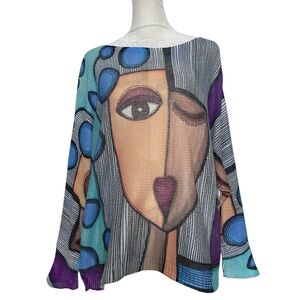 Blue Picasso Style Women's Sweater Loowie Made in Italy One Size Artsy